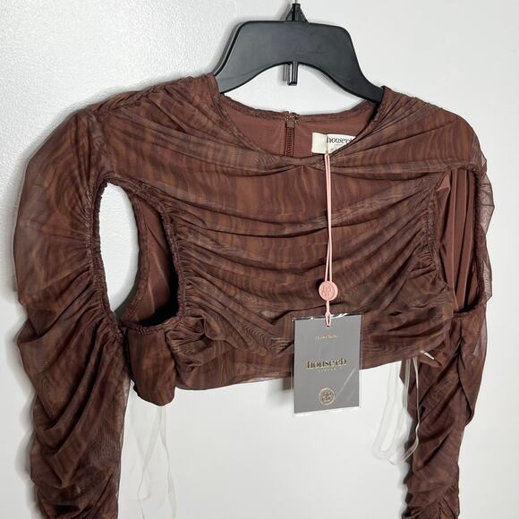 House Of Cb Womens Blythe Mesh Top Large Brown Ruched Cutout Cropped - Picture 5 of 12